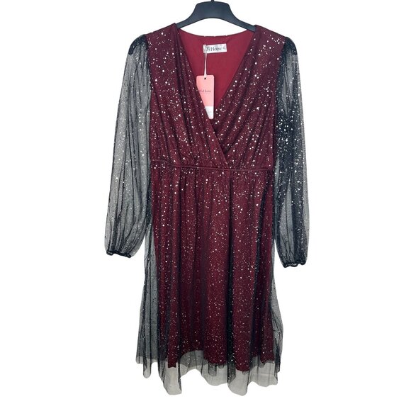 JJs House Burgundy A-Line Dress XL Womens Sparkly Party Gown With Sheer Sleeves - Picture 7 of 16